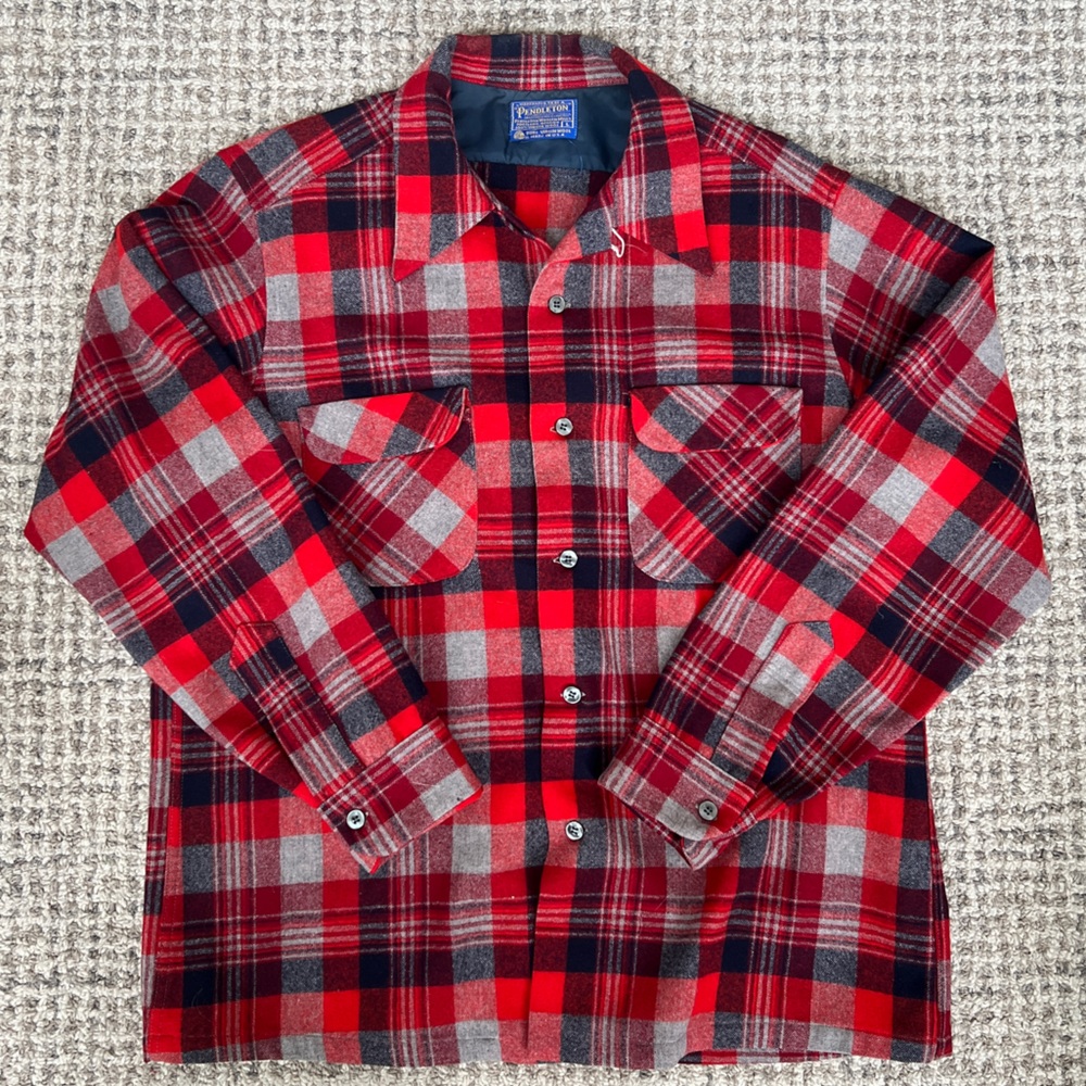 Pendleton Authentic Red Plaid Wool Flannel Long Sleeve Shirt Large